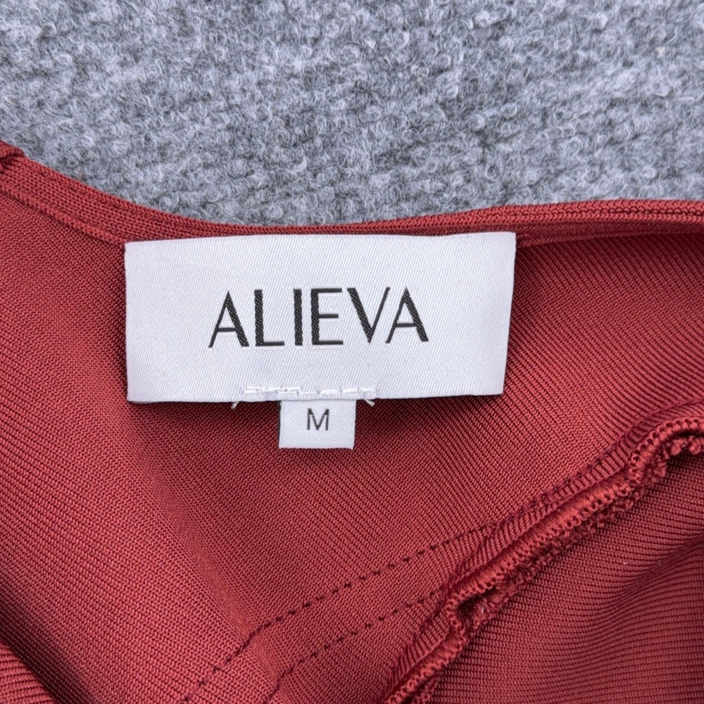 Alieva Burgundy Long Sleeve Bandage Bodycon Midi Dress Red Size M Full Zip Back - Picture 3 of 6